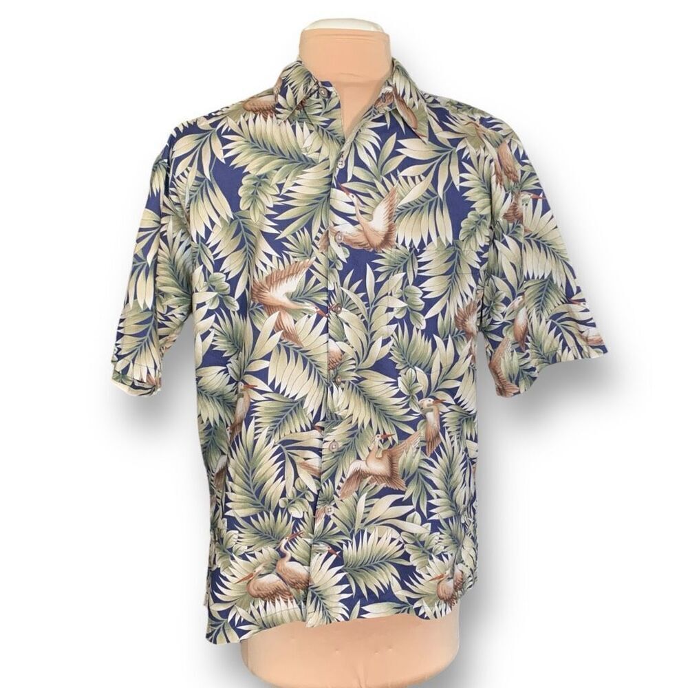Vintage Shirt Blue Hawaiian Printed Palm Crane Button Front Short Sleeve Medium